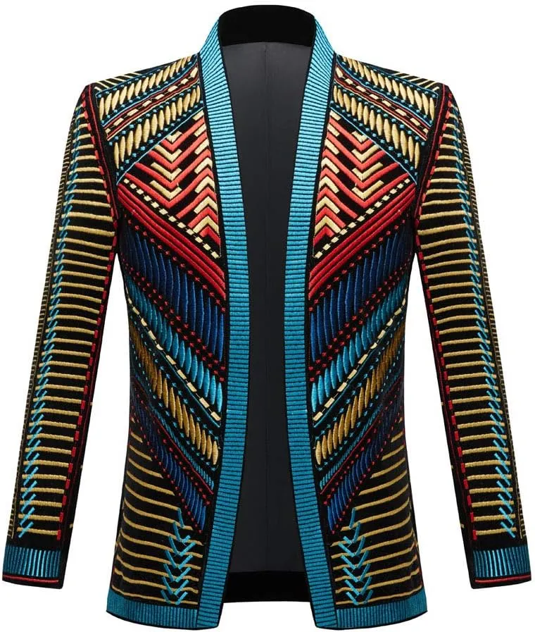 Mens Stylish Court Prince Black Velvet Gold Embroidery Blazer Suit Jacket