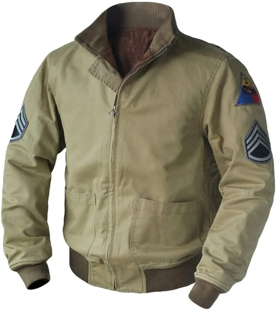 Men's WW2 Brad Army Tanker Jacket - Military WW2 Pitt Vintage Bomber Khaki Cotton Jackets for Men,