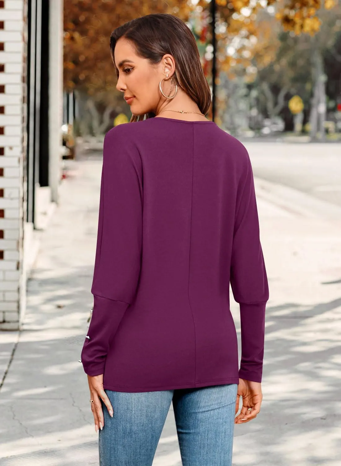 MIHOLL Womens Batwing Long Sleeve Tops Casual Lace V Neck T Shirts Oversized Loose Blouses