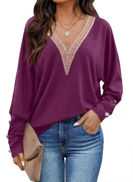 MIHOLL Womens Batwing Long Sleeve Tops Casual Lace V Neck T Shirts Oversized Loose Blouses