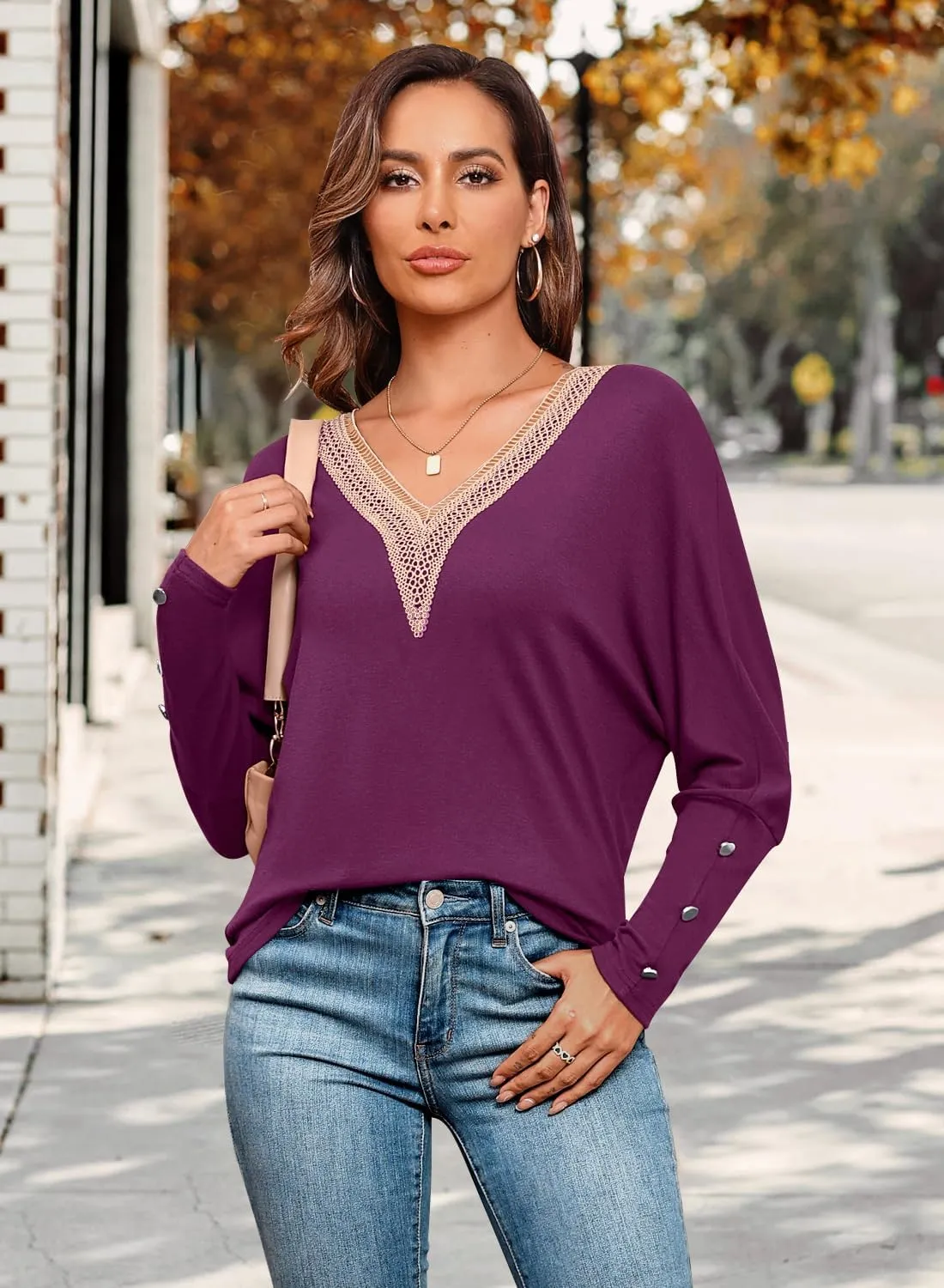 MIHOLL Womens Batwing Long Sleeve Tops Casual Lace V Neck T Shirts Oversized Loose Blouses