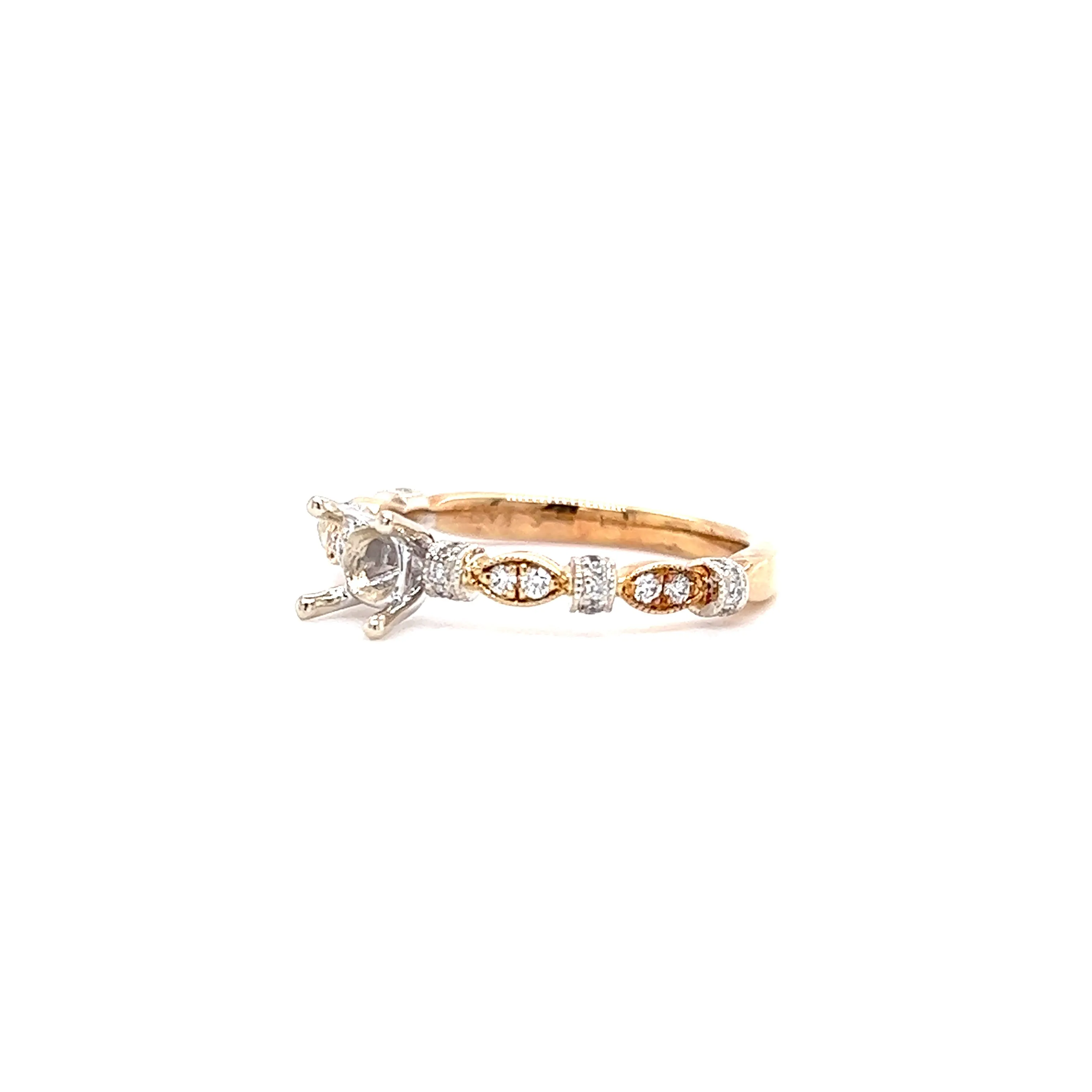 Milgrain Ring Setting with Side Diamonds in 14K Yellow and White Gold