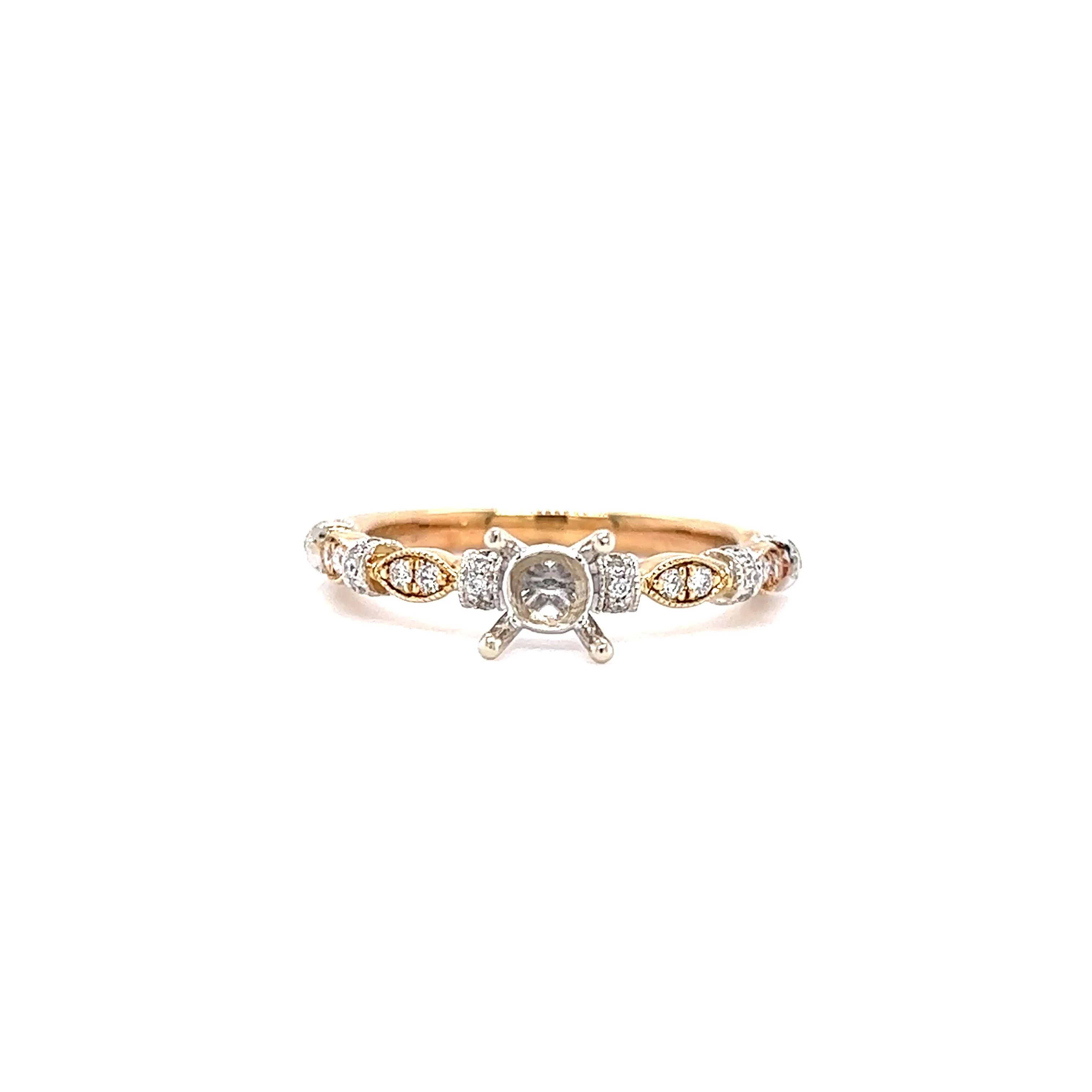 Milgrain Ring Setting with Side Diamonds in 14K Yellow and White Gold
