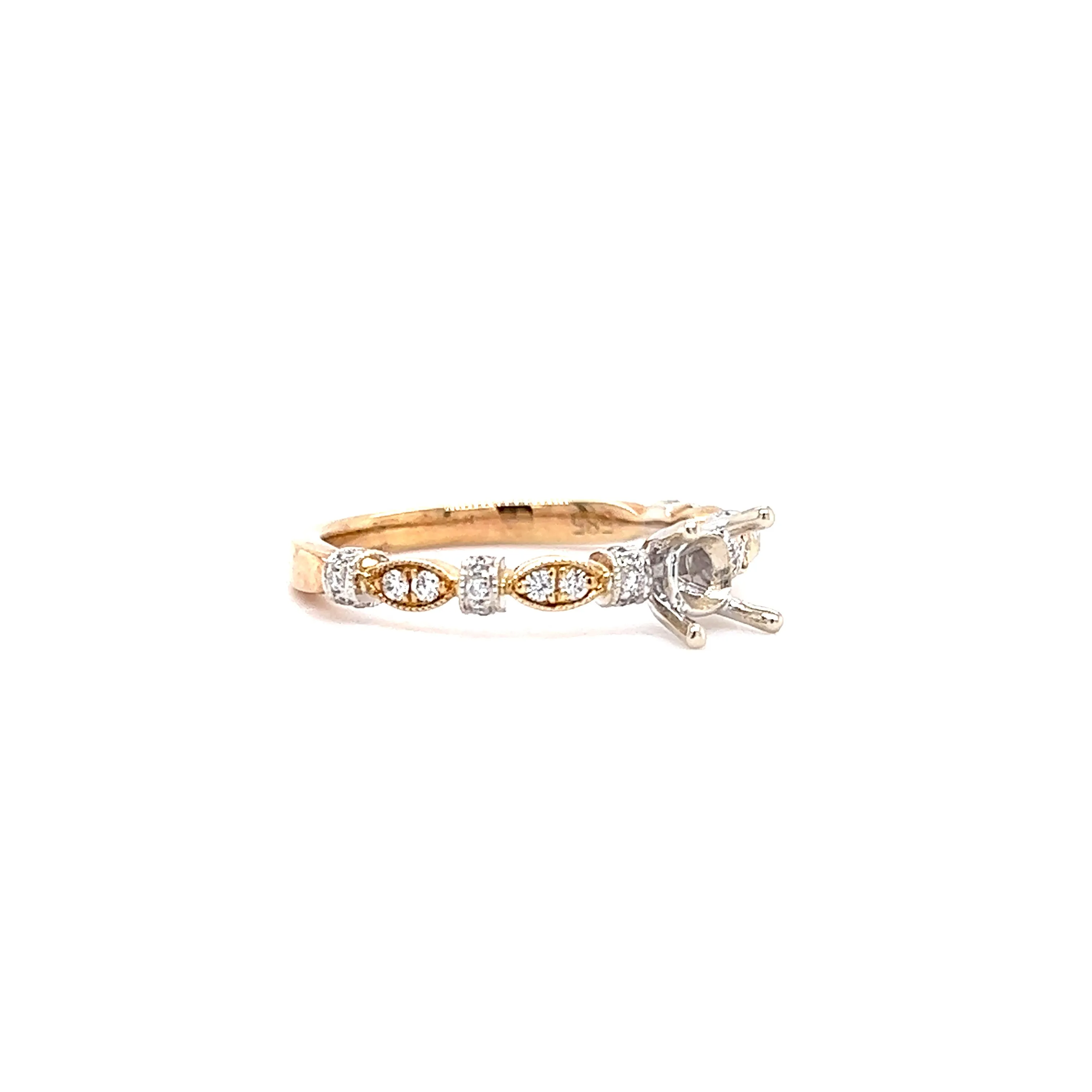 Milgrain Ring Setting with Side Diamonds in 14K Yellow and White Gold