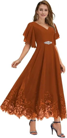 Mother of The Bride Dresses for Wedding Tea Length V Neck Chiffon Lace Formal Evening Dress with Sleeves JH019