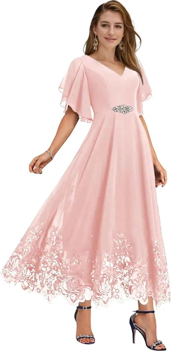 Mother of The Bride Dresses for Wedding Tea Length V Neck Chiffon Lace Formal Evening Dress with Sleeves JH019