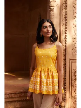 Mustard Pure Cotton Printed Shoulder Straps Tunic