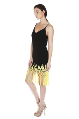 Naughty Grl Embroidered Fringe Dress With Zipper - Black