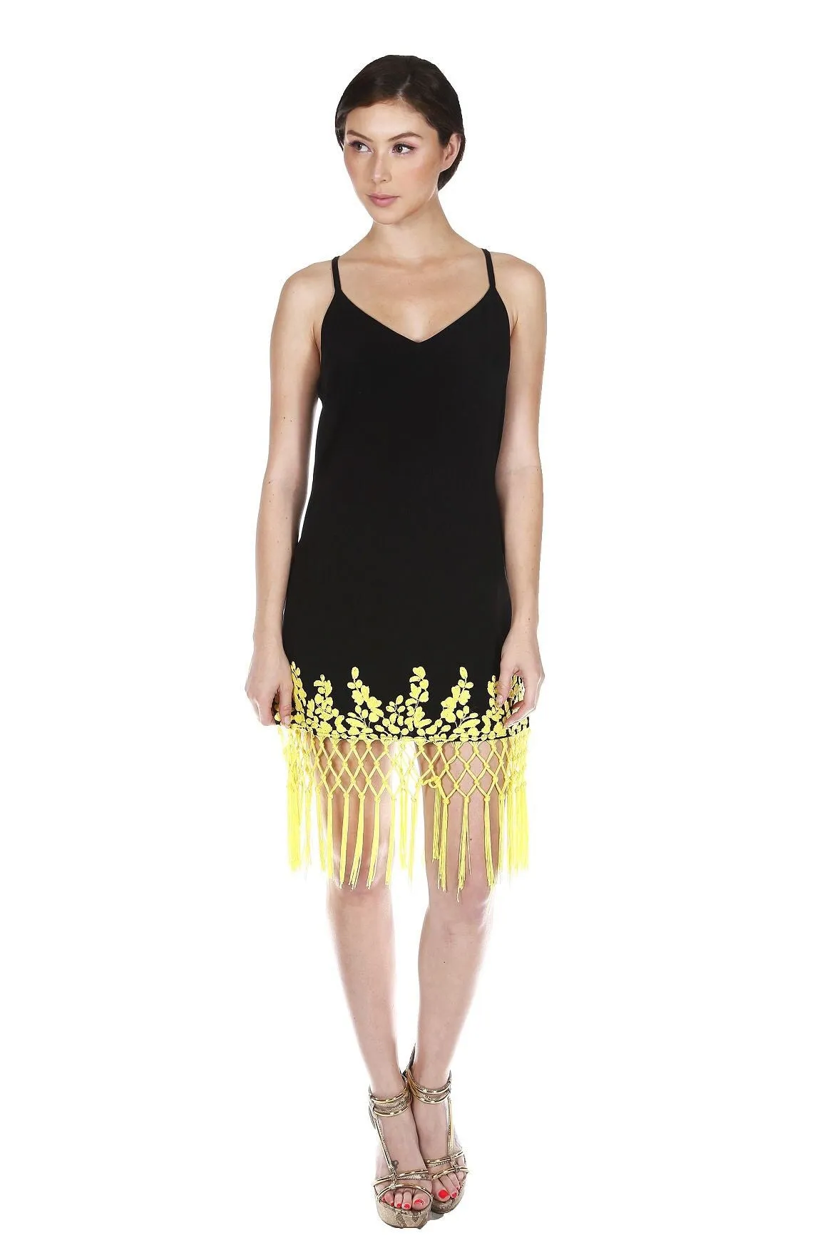 Naughty Grl Embroidered Fringe Dress With Zipper - Black