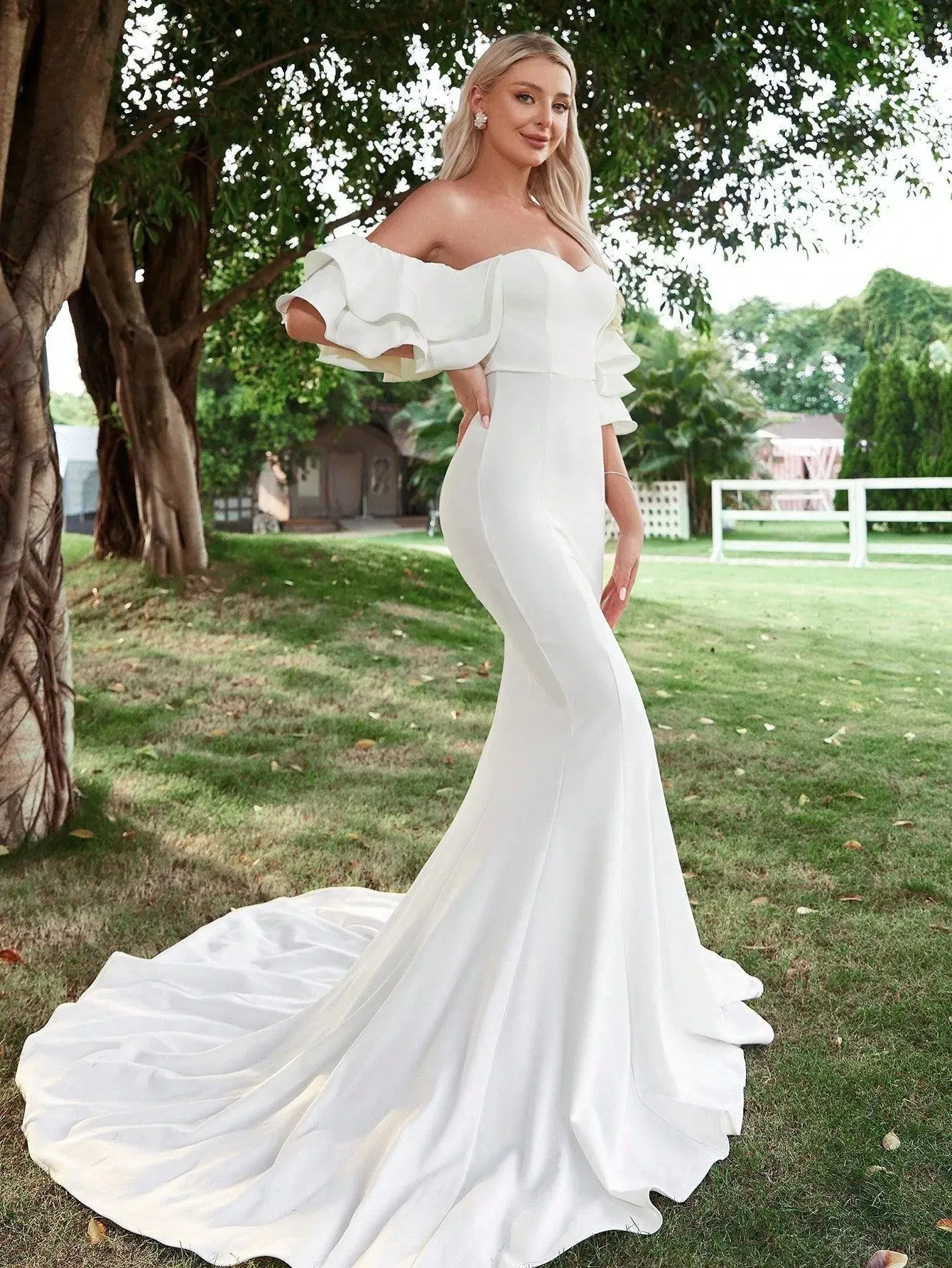 Off Shoulder Ruffle Trim Mermaid Wedding Dress