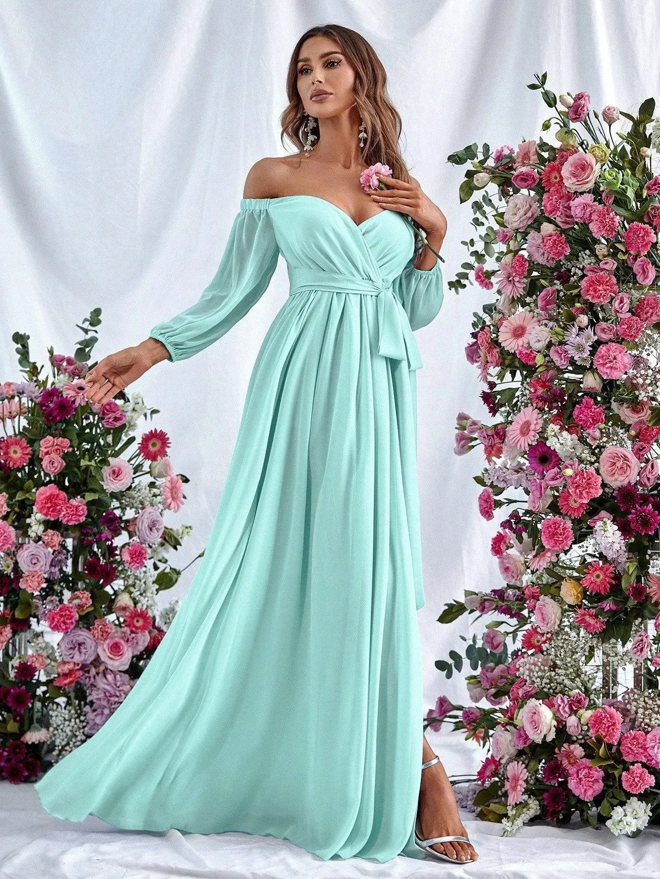 Off Shoulder Split Thigh Belted Chiffon A Line Dress