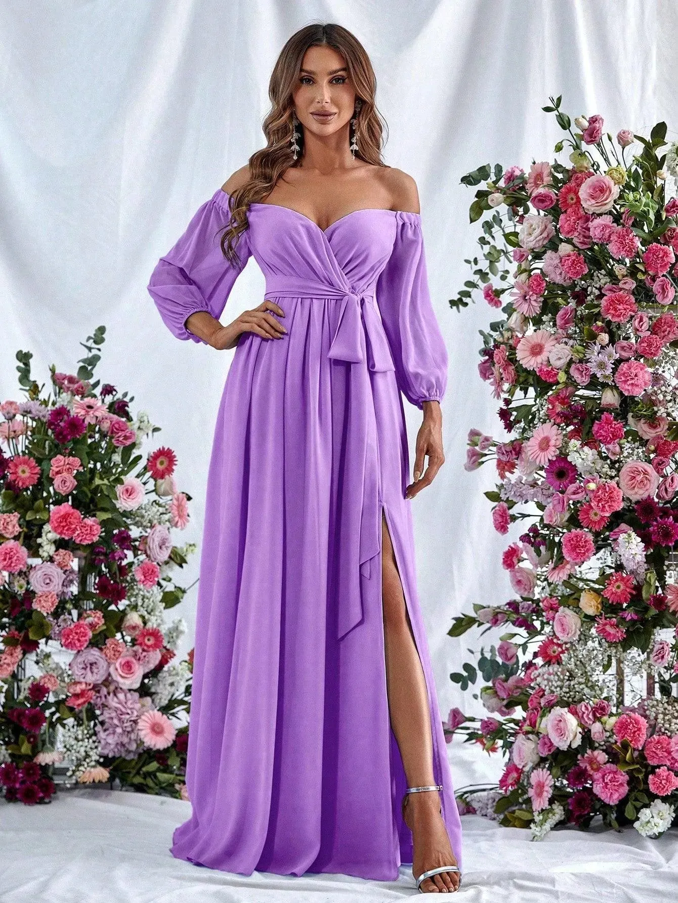 Off Shoulder Split Thigh Belted Chiffon A Line Dress