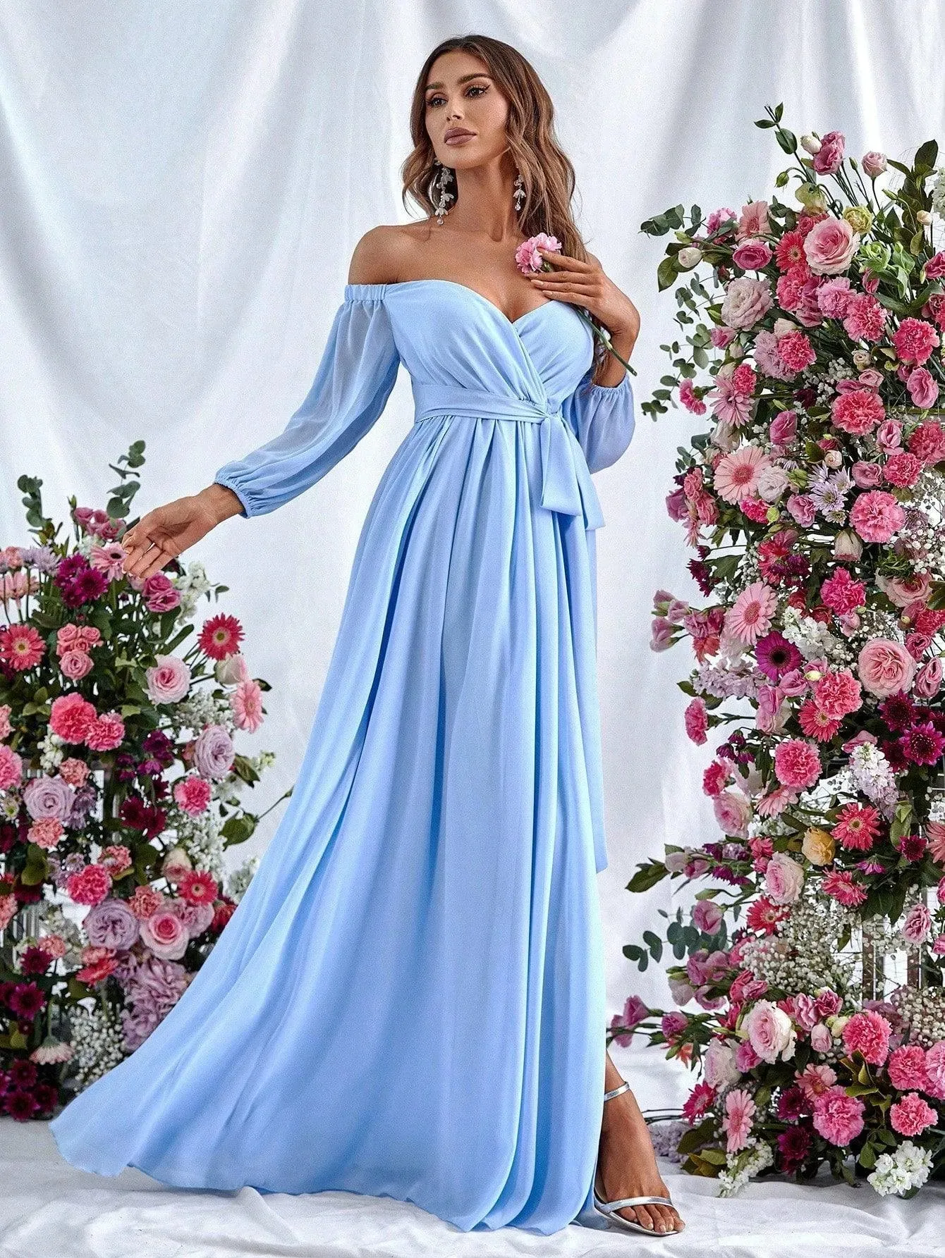 Off Shoulder Split Thigh Belted Chiffon A Line Dress