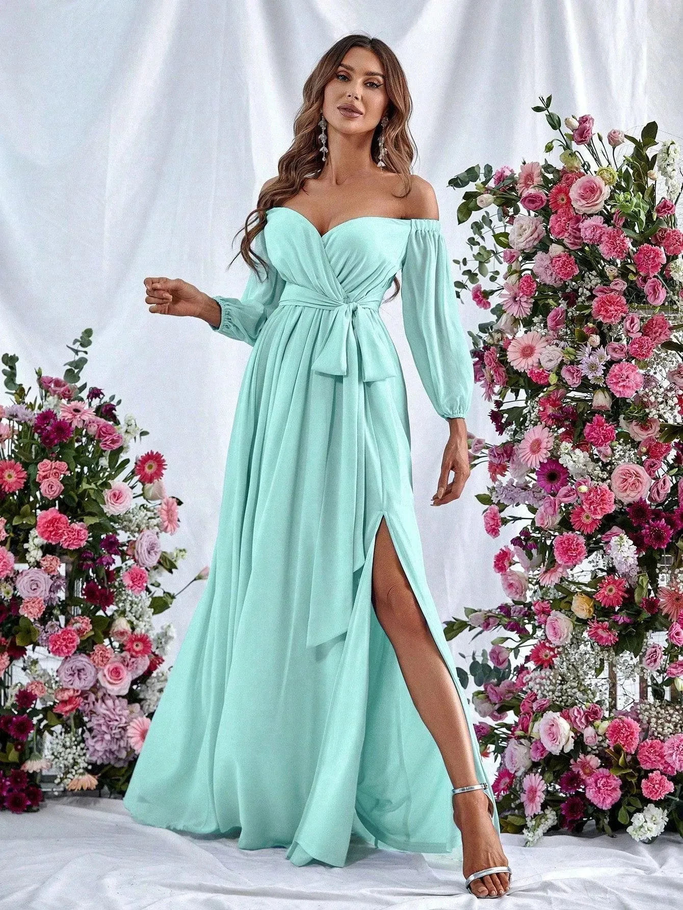 Off Shoulder Split Thigh Belted Chiffon A Line Dress