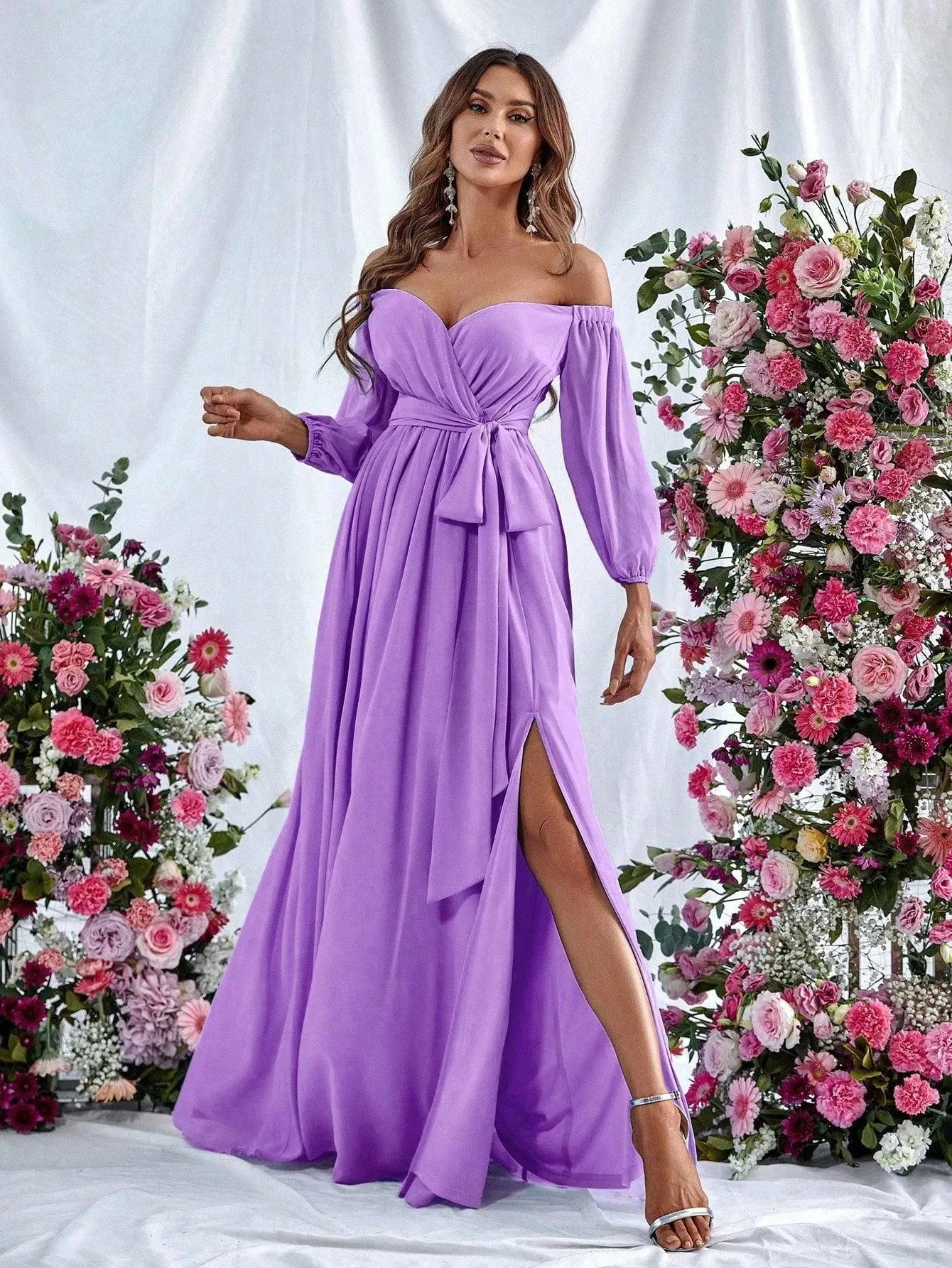 Off Shoulder Split Thigh Belted Chiffon A Line Dress