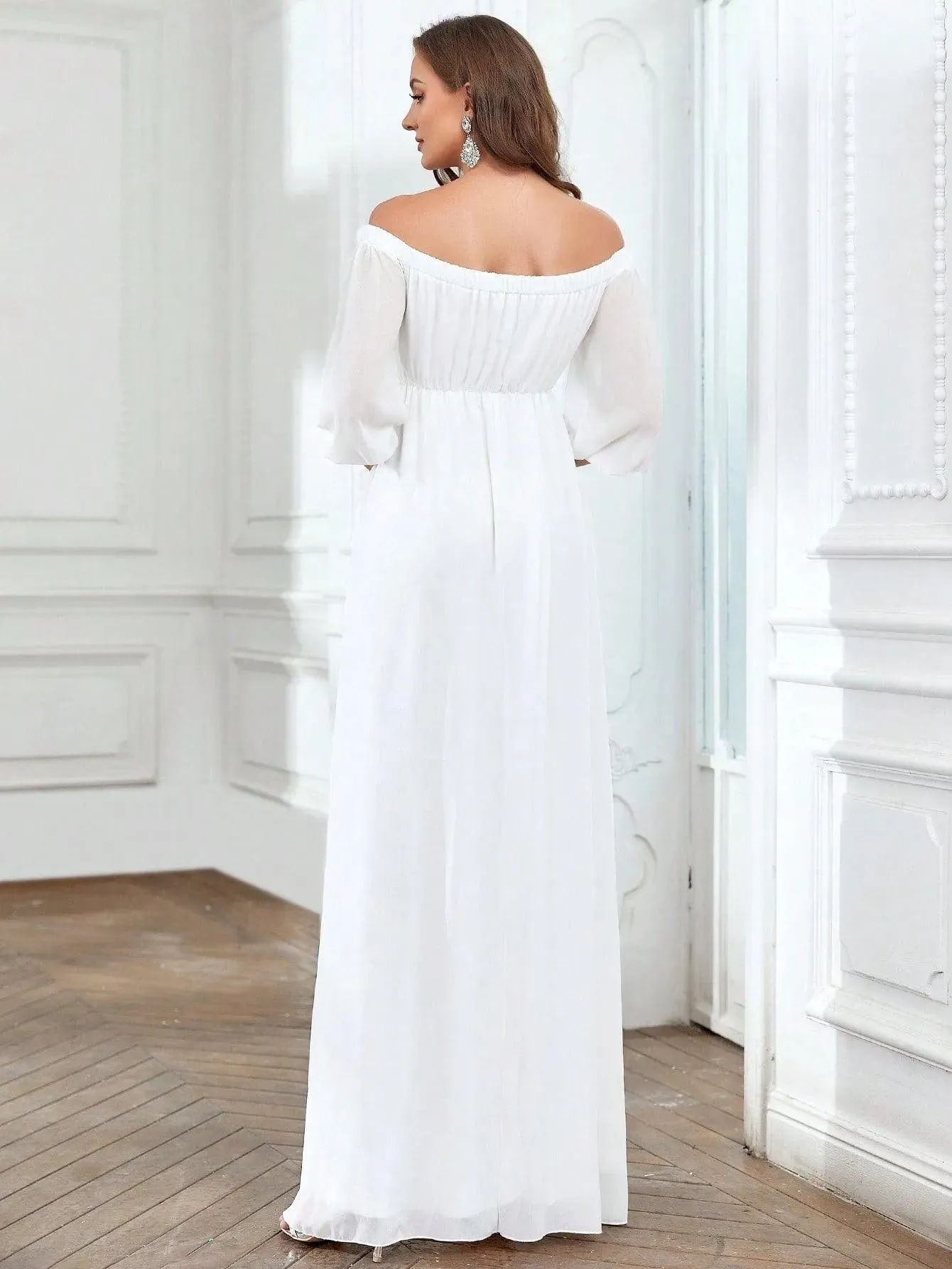 Off Shoulder Split Thigh Belted Chiffon A Line Dress