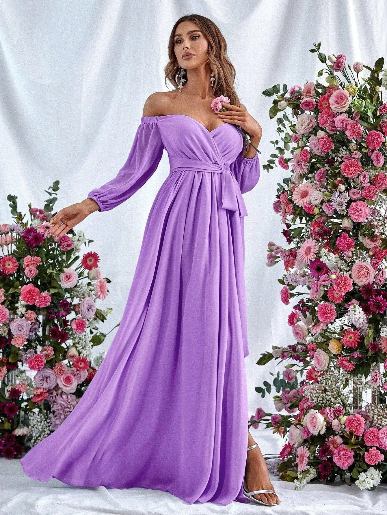 Off Shoulder Split Thigh Belted Chiffon A Line Dress