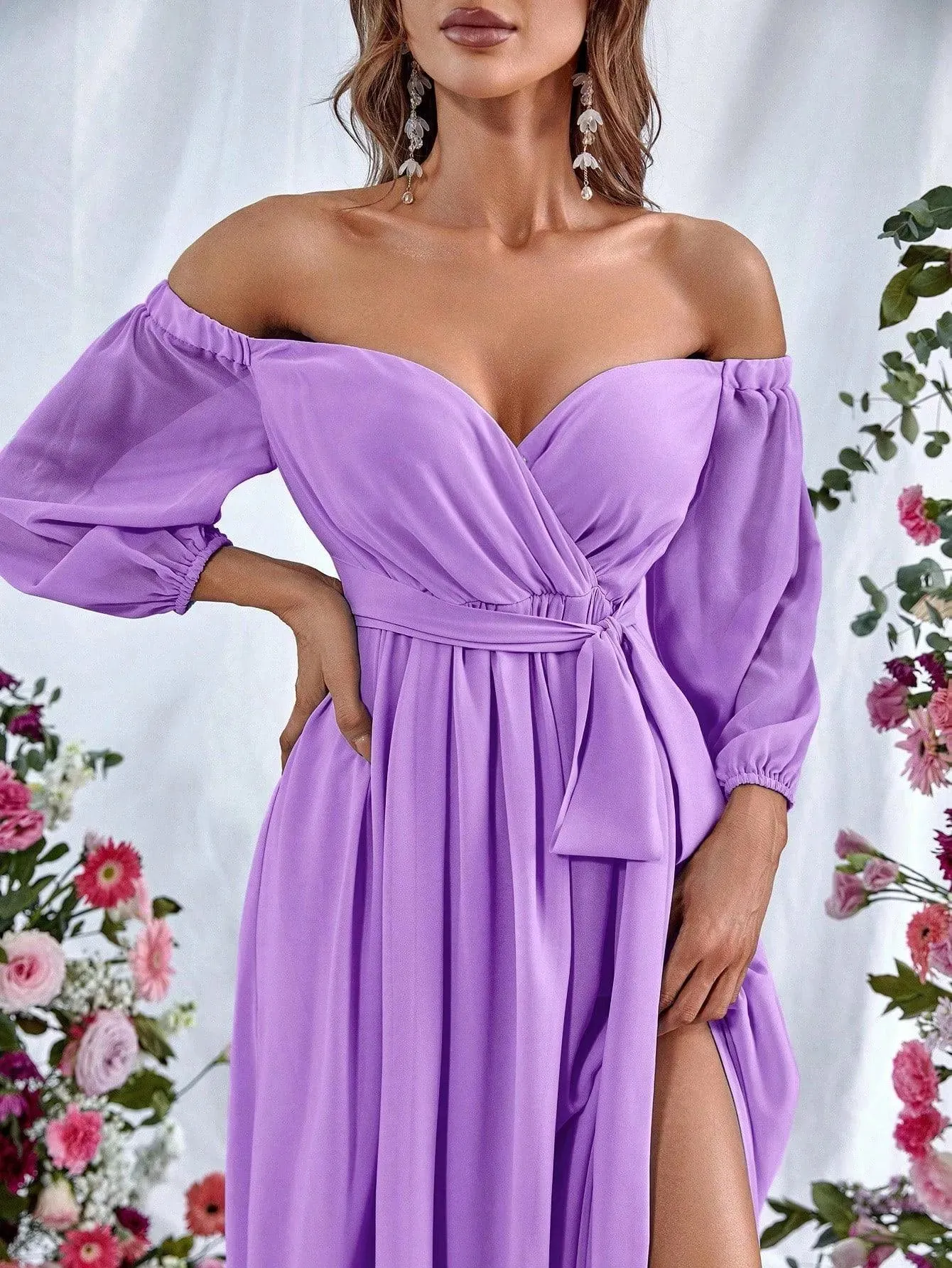 Off Shoulder Split Thigh Belted Chiffon A Line Dress
