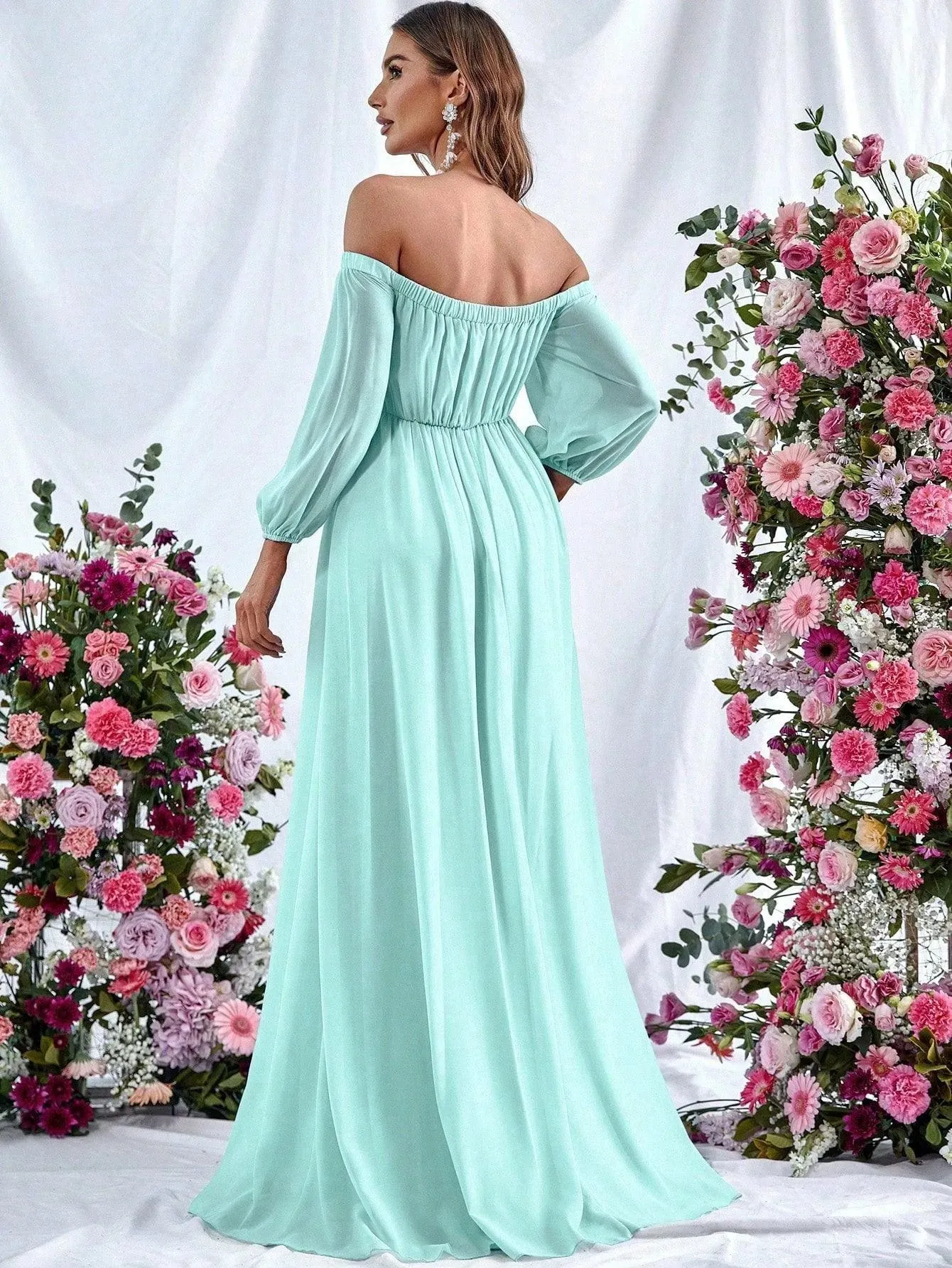 Off Shoulder Split Thigh Belted Chiffon A Line Dress