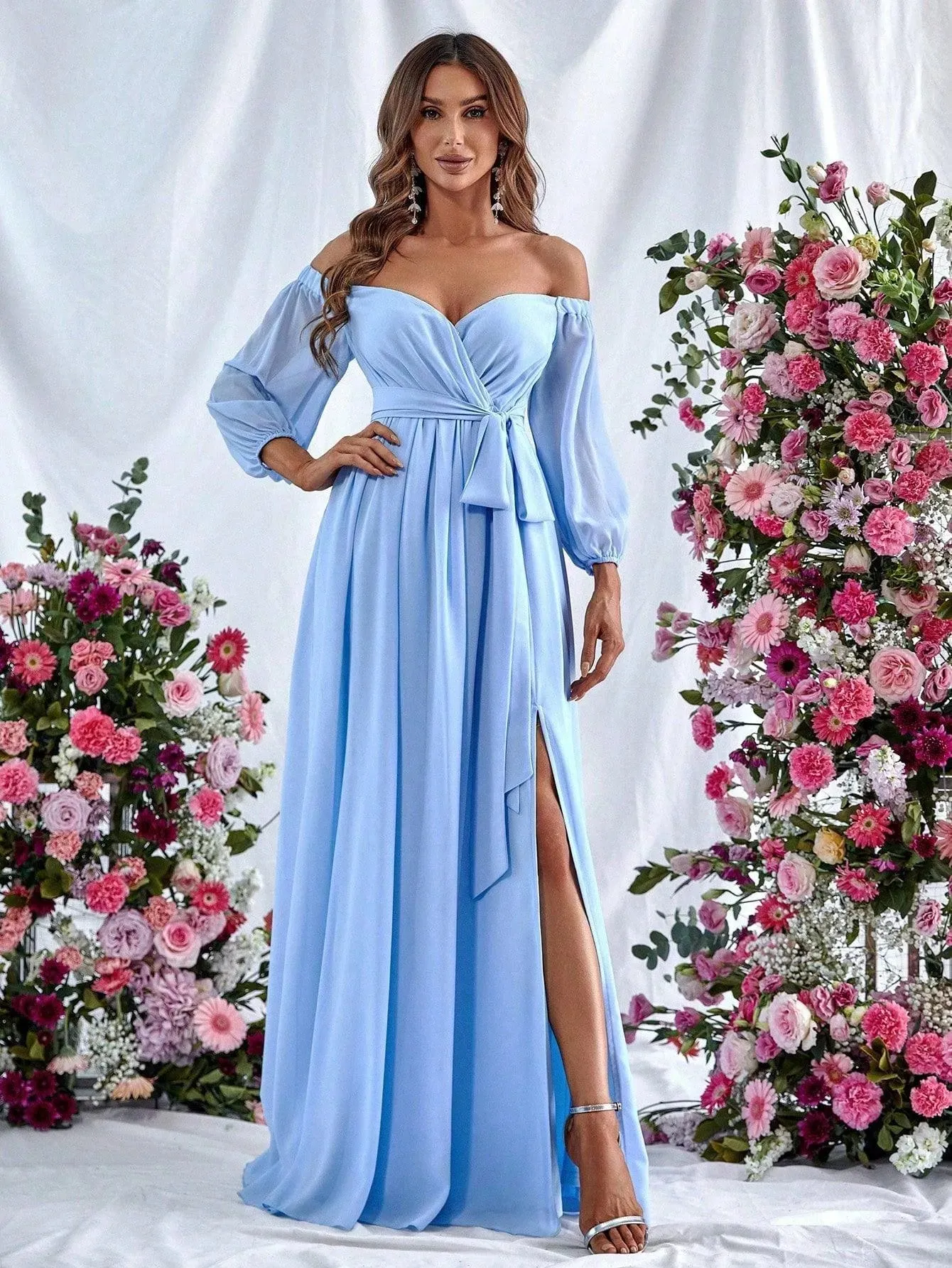 Off Shoulder Split Thigh Belted Chiffon A Line Dress
