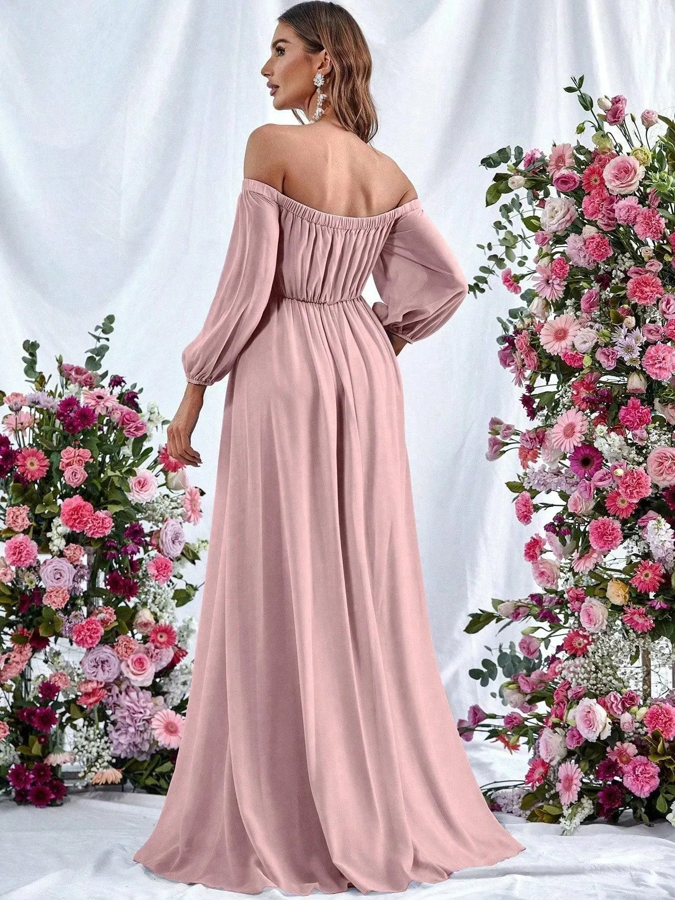 Off Shoulder Split Thigh Belted Chiffon A Line Dress
