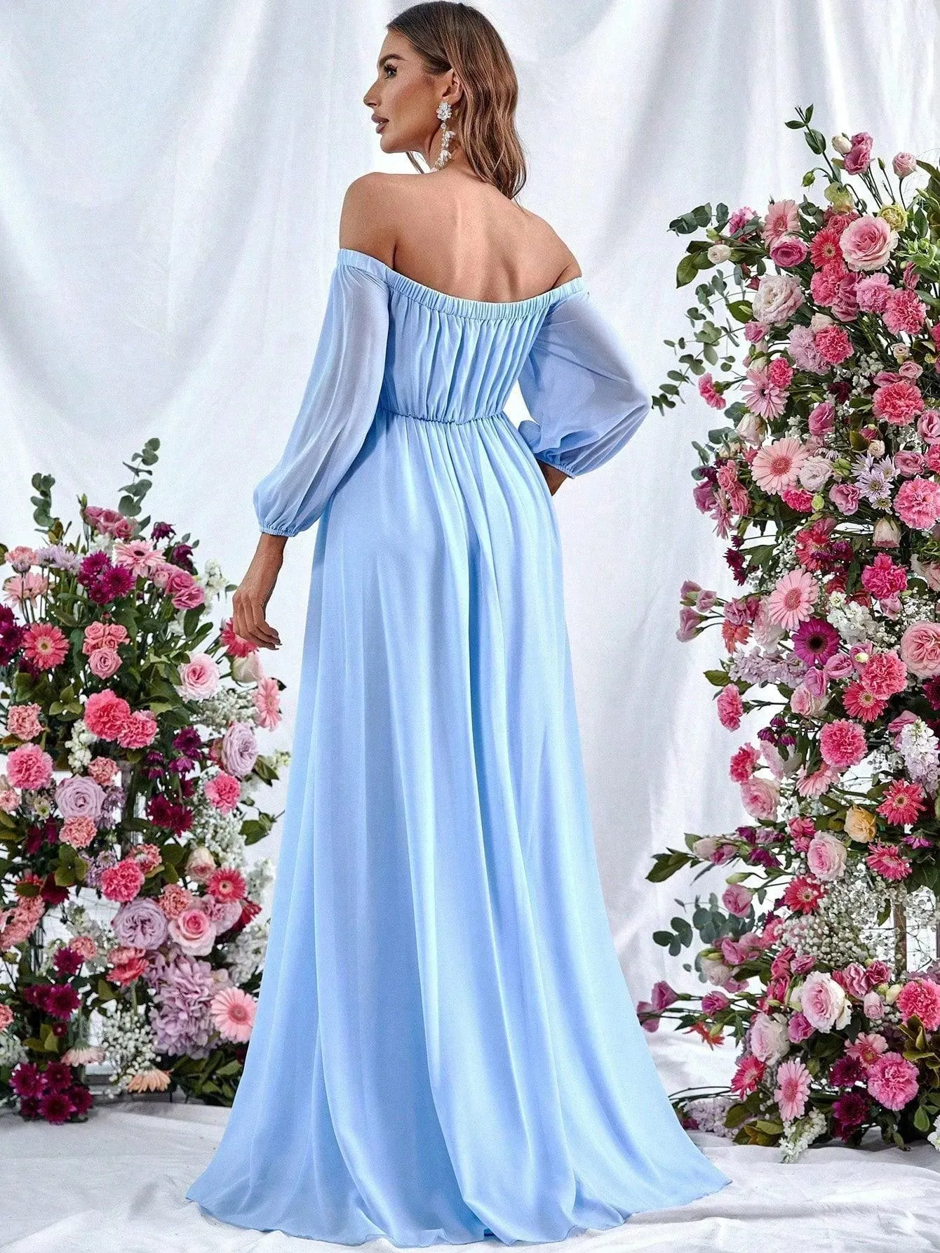 Off Shoulder Split Thigh Belted Chiffon A Line Dress