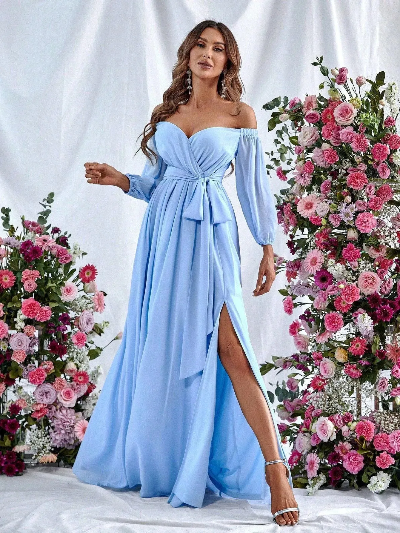 Off Shoulder Split Thigh Belted Chiffon A Line Dress