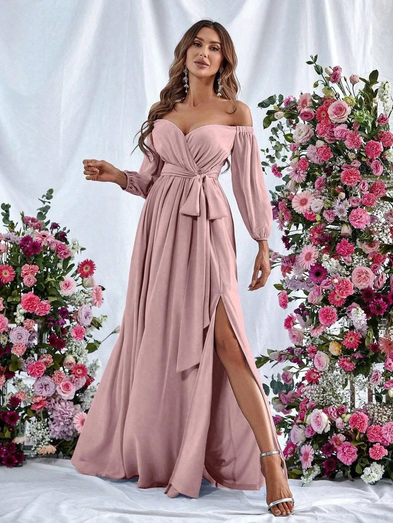 Off Shoulder Split Thigh Belted Chiffon A Line Dress