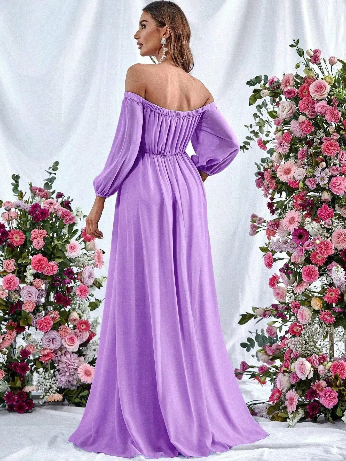 Off Shoulder Split Thigh Belted Chiffon A Line Dress