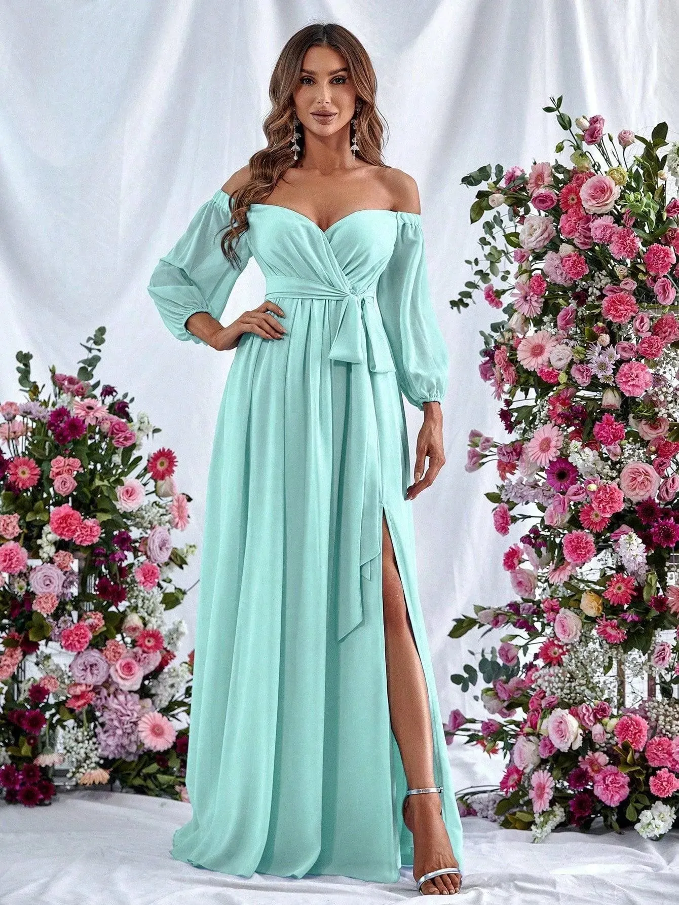 Off Shoulder Split Thigh Belted Chiffon A Line Dress