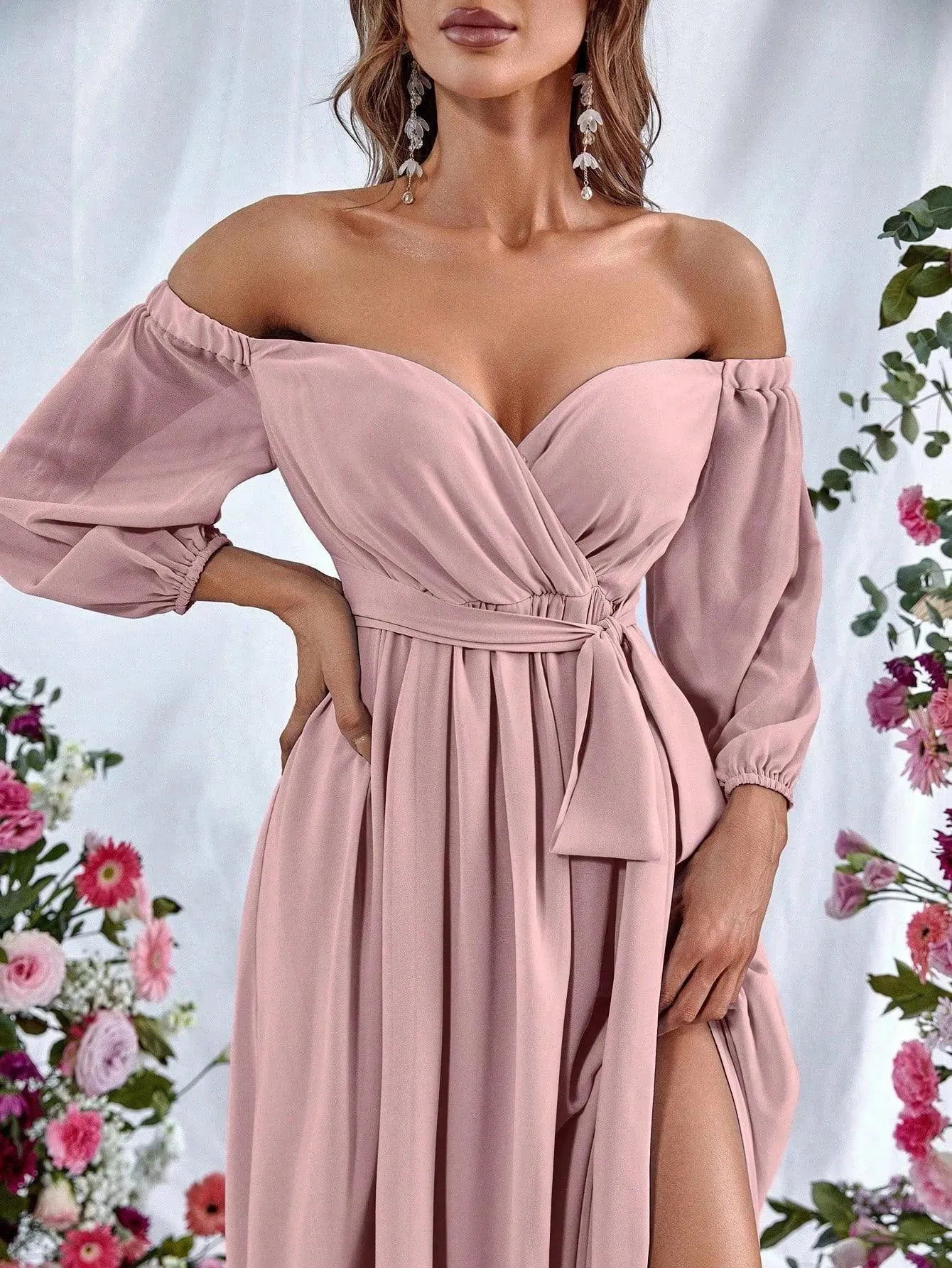 Off Shoulder Split Thigh Belted Chiffon A Line Dress