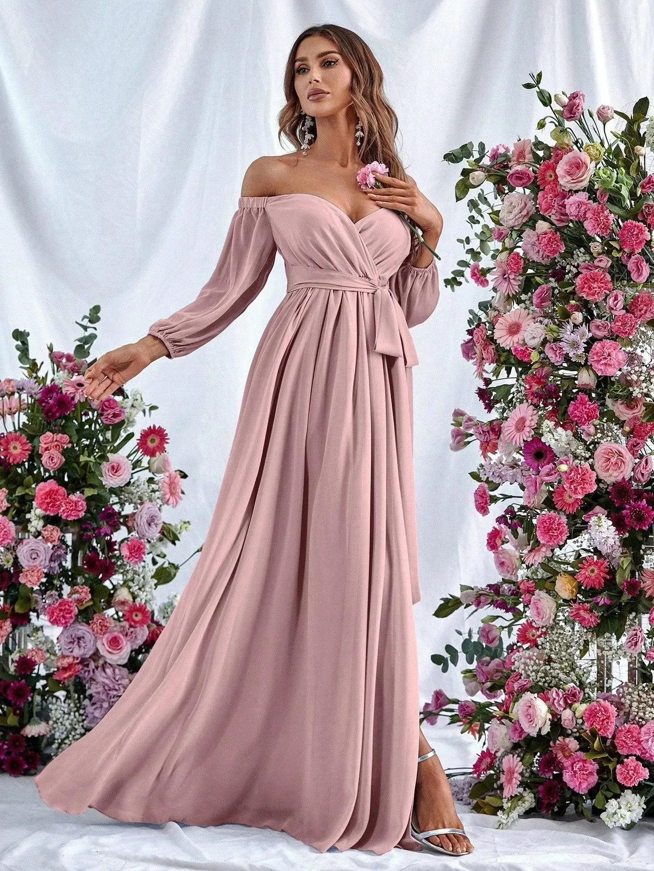 Off Shoulder Split Thigh Belted Chiffon A Line Dress