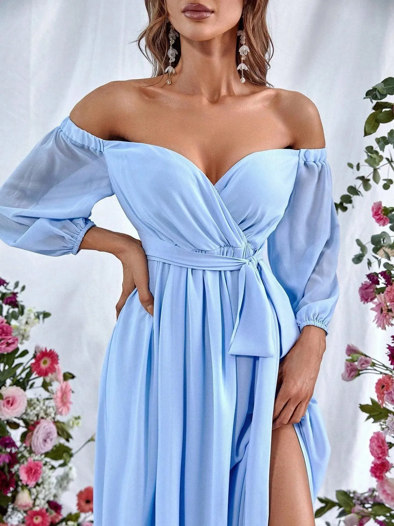 Off Shoulder Split Thigh Belted Chiffon A Line Dress