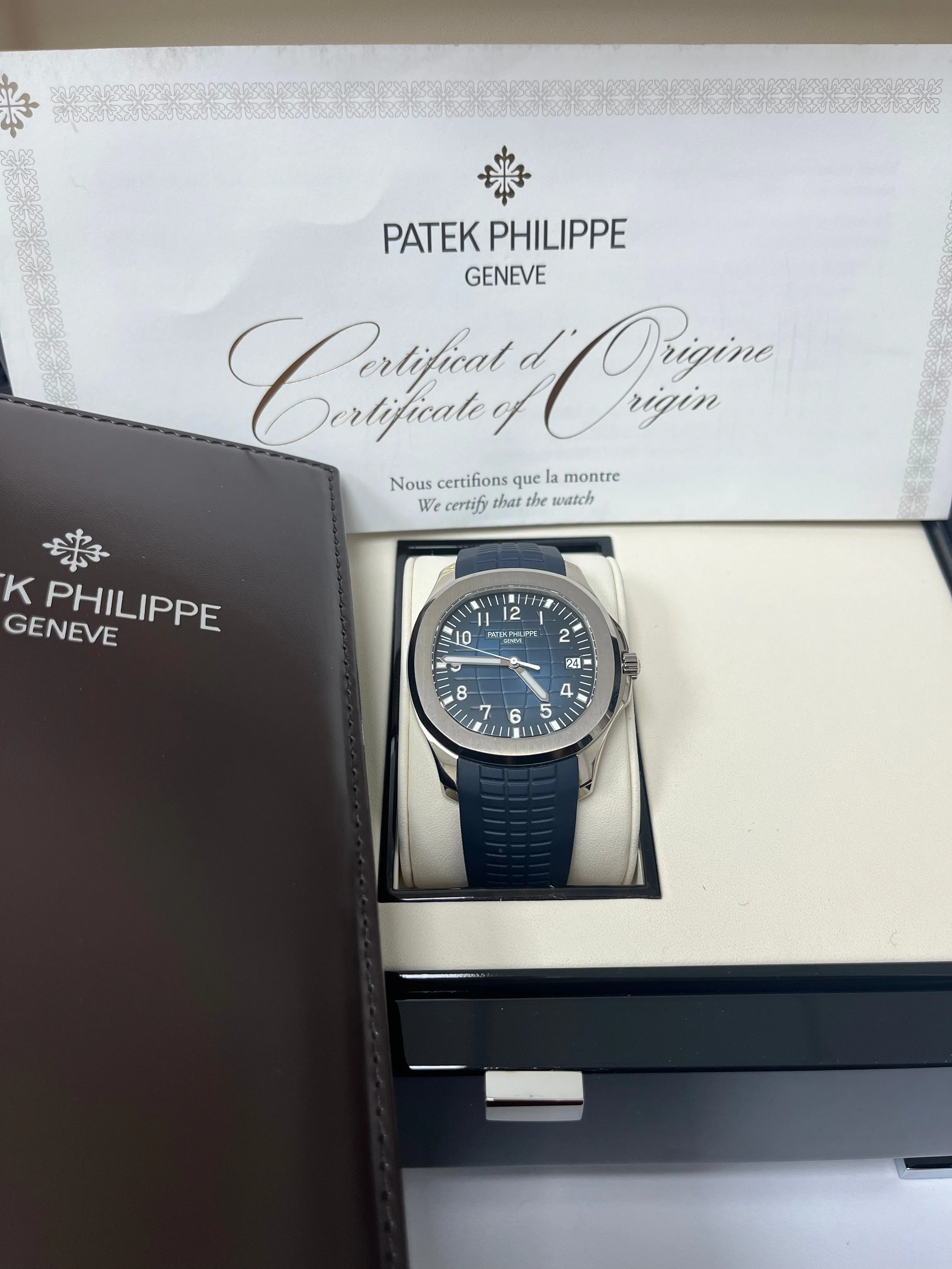 Luxury Patek Philippe Aquanaut White Gold Watch with Blue Embossed Dial, Ref#5168G-001