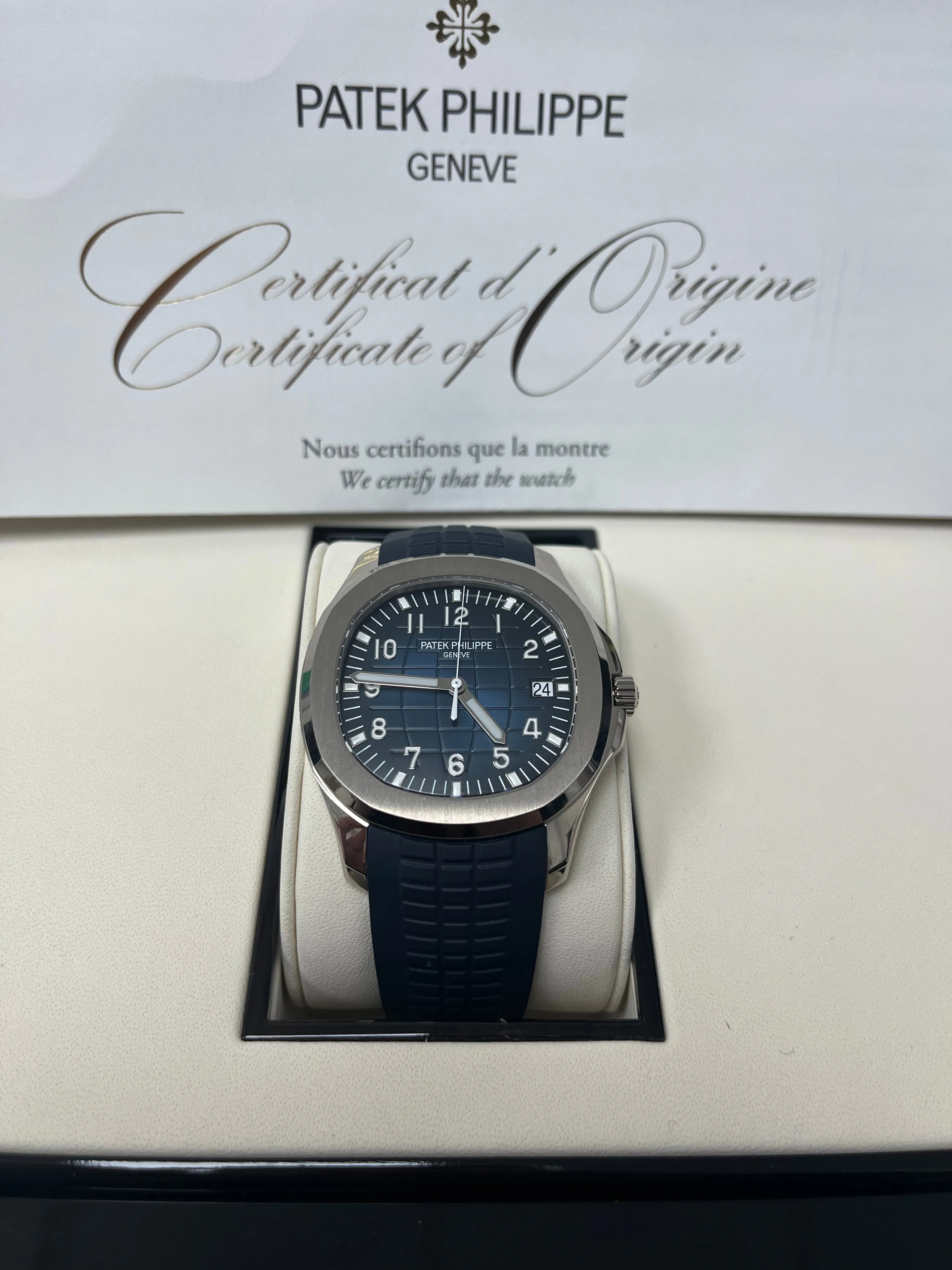 Luxury Patek Philippe Aquanaut White Gold Watch with Blue Embossed Dial, Ref#5168G-001