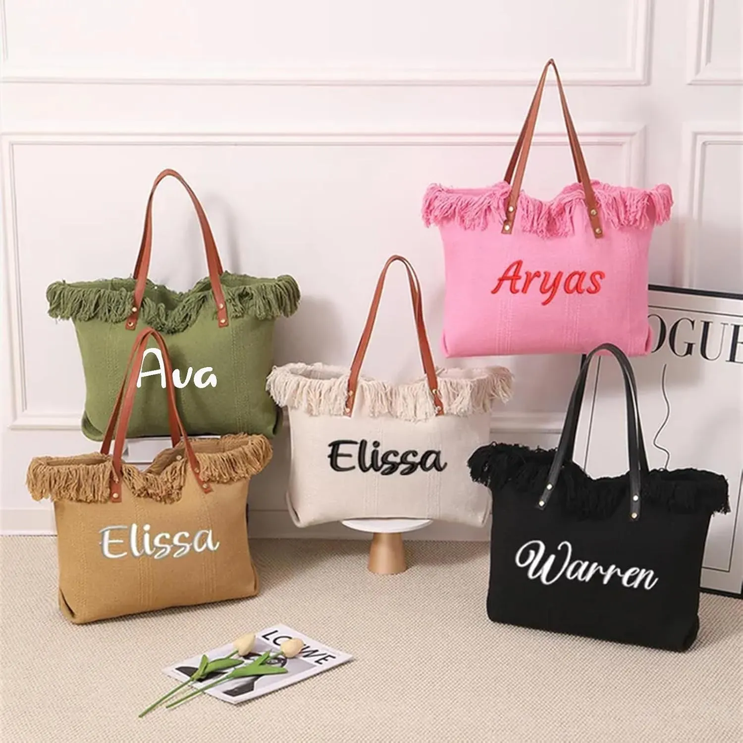 Personalized Embroidered Bridesmaid Tote Bag, Custom Large Women Vaction Travel