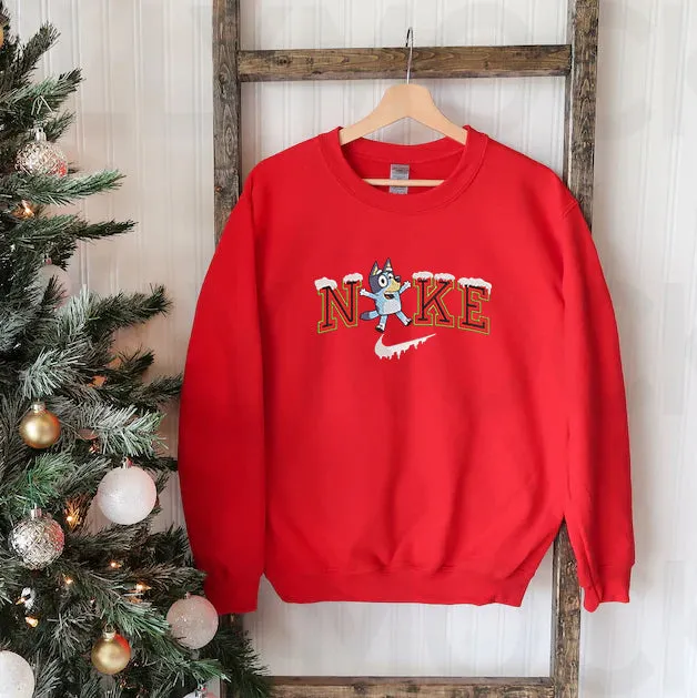 Personalized Embroidered Christmas Bluey And Bingo Hoodie Sweatshirt T-Shirt