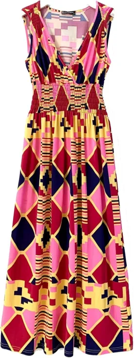 Plum Feathers Casual Smocked Dress, Exotic Print Maxi/Midi Dress, V Neck, Plus & Regular Sizes, Maternity/Nursing Dresses
