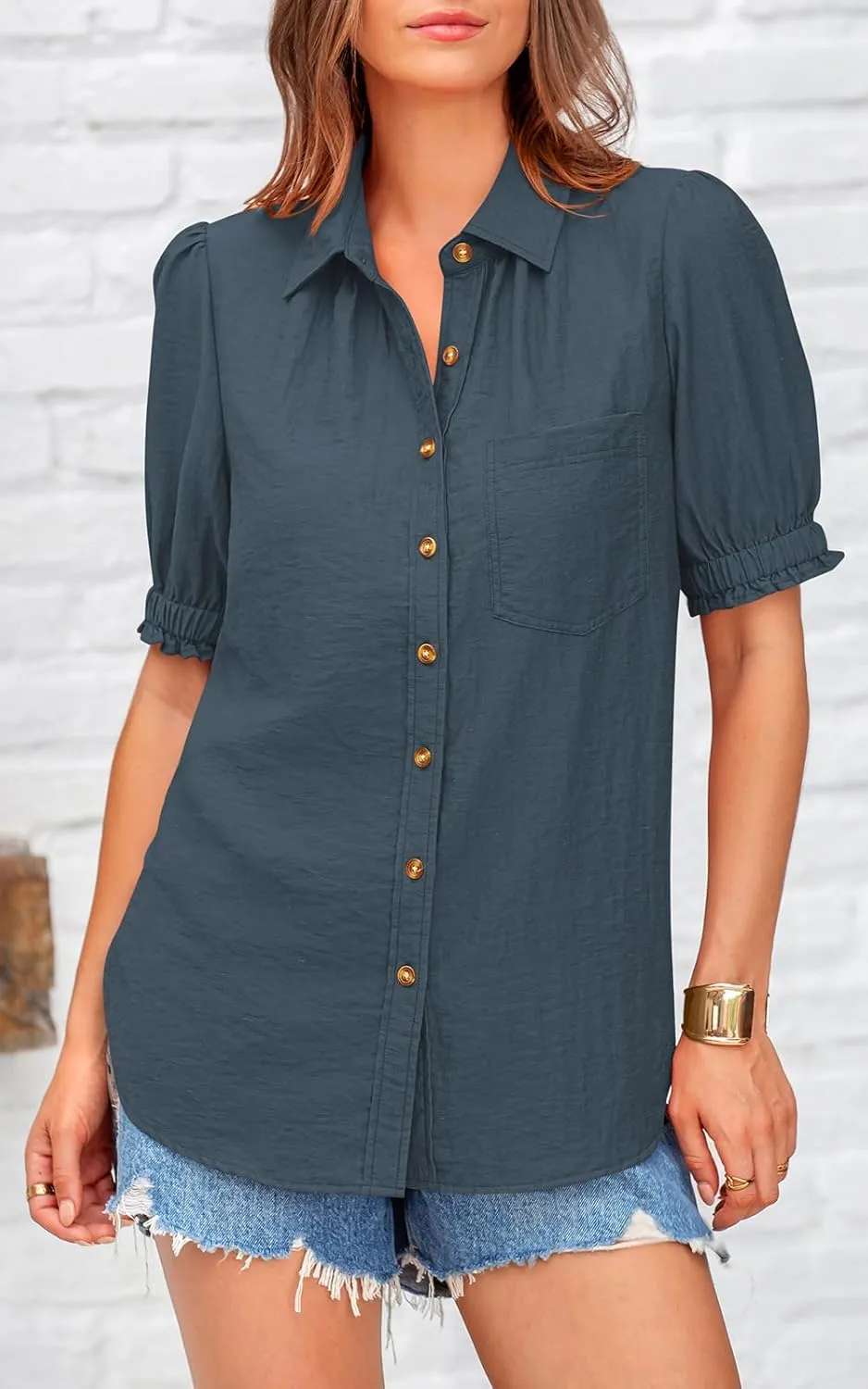 PRETTYGARDEN Womens Summer Short Sleeve Button Down Shirts V Neck Collared Casual Blouse Tops with Pockets