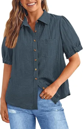 PRETTYGARDEN Womens Summer Short Sleeve Button Down Shirts V Neck Collared Casual Blouse Tops with Pockets