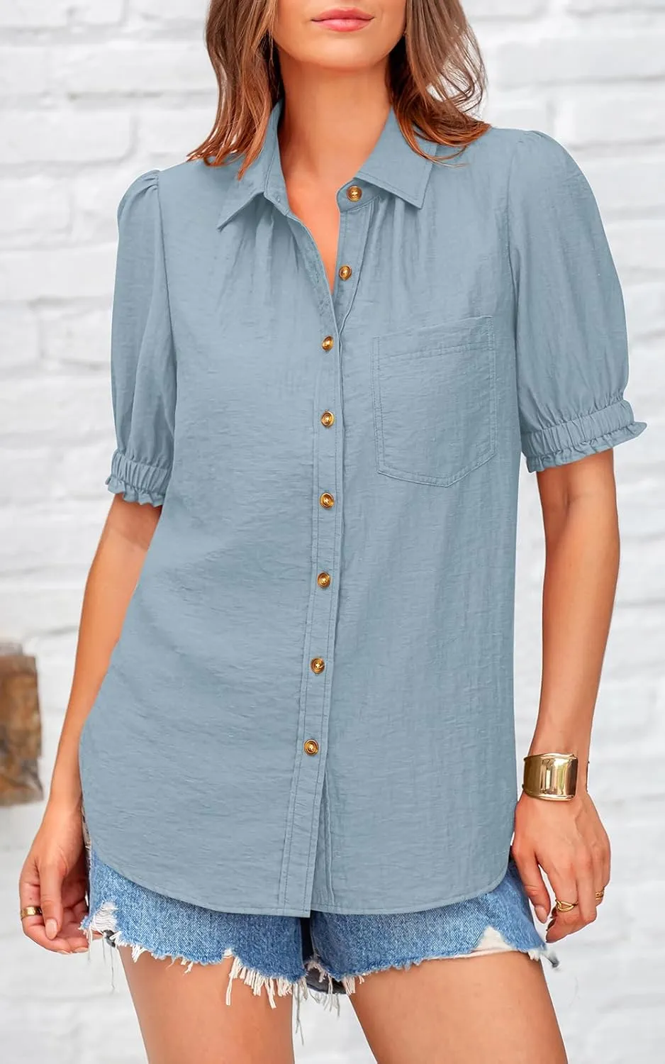 PRETTYGARDEN Womens Summer Short Sleeve Button Down Shirts V Neck Collared Casual Blouse Tops with Pockets