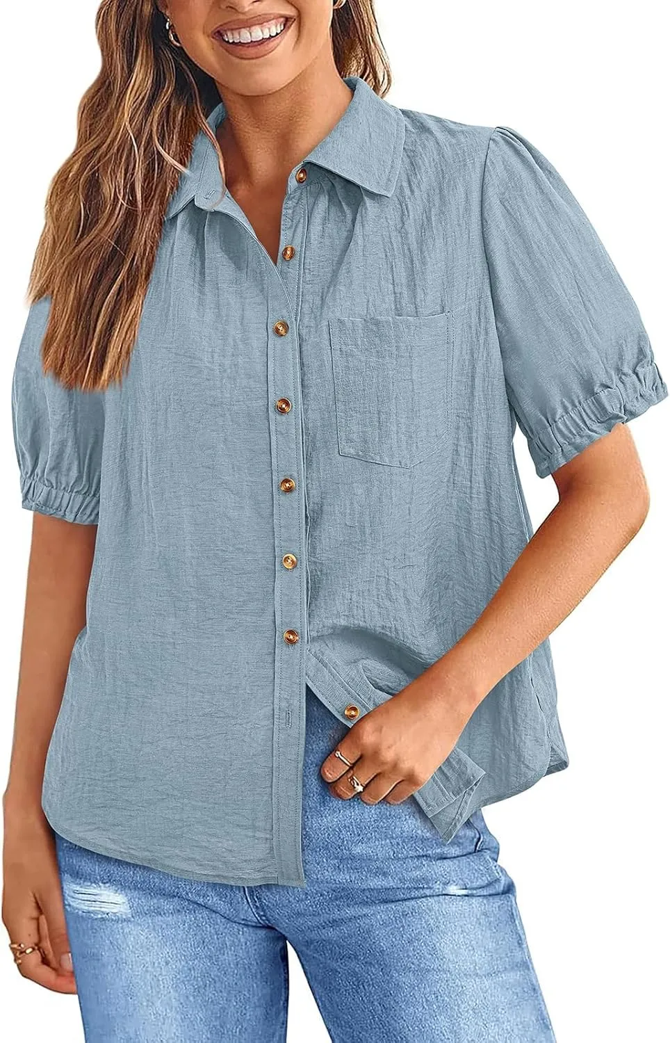 PRETTYGARDEN Womens Summer Short Sleeve Button Down Shirts V Neck Collared Casual Blouse Tops with Pockets