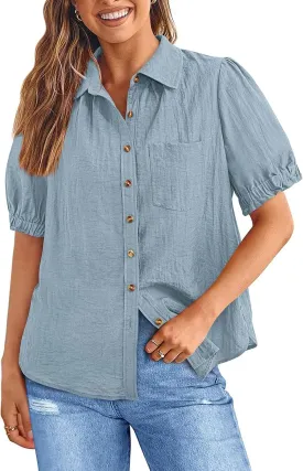 PRETTYGARDEN Womens Summer Short Sleeve Button Down Shirts V Neck Collared Casual Blouse Tops with Pockets