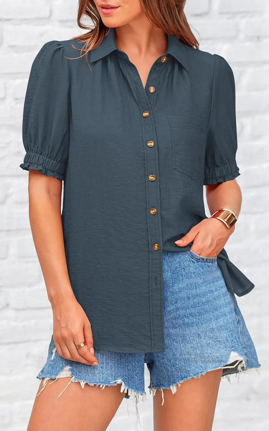 PRETTYGARDEN Womens Summer Short Sleeve Button Down Shirts V Neck Collared Casual Blouse Tops with Pockets