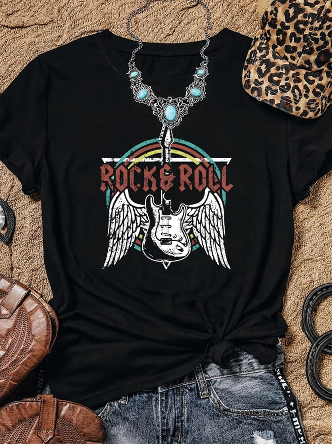 Rock and Roll T Shirts for Women Vintage Graphic Tees Band Tshirts Shirt Funny Country Music Retro Casual Short Sleeve Tops
