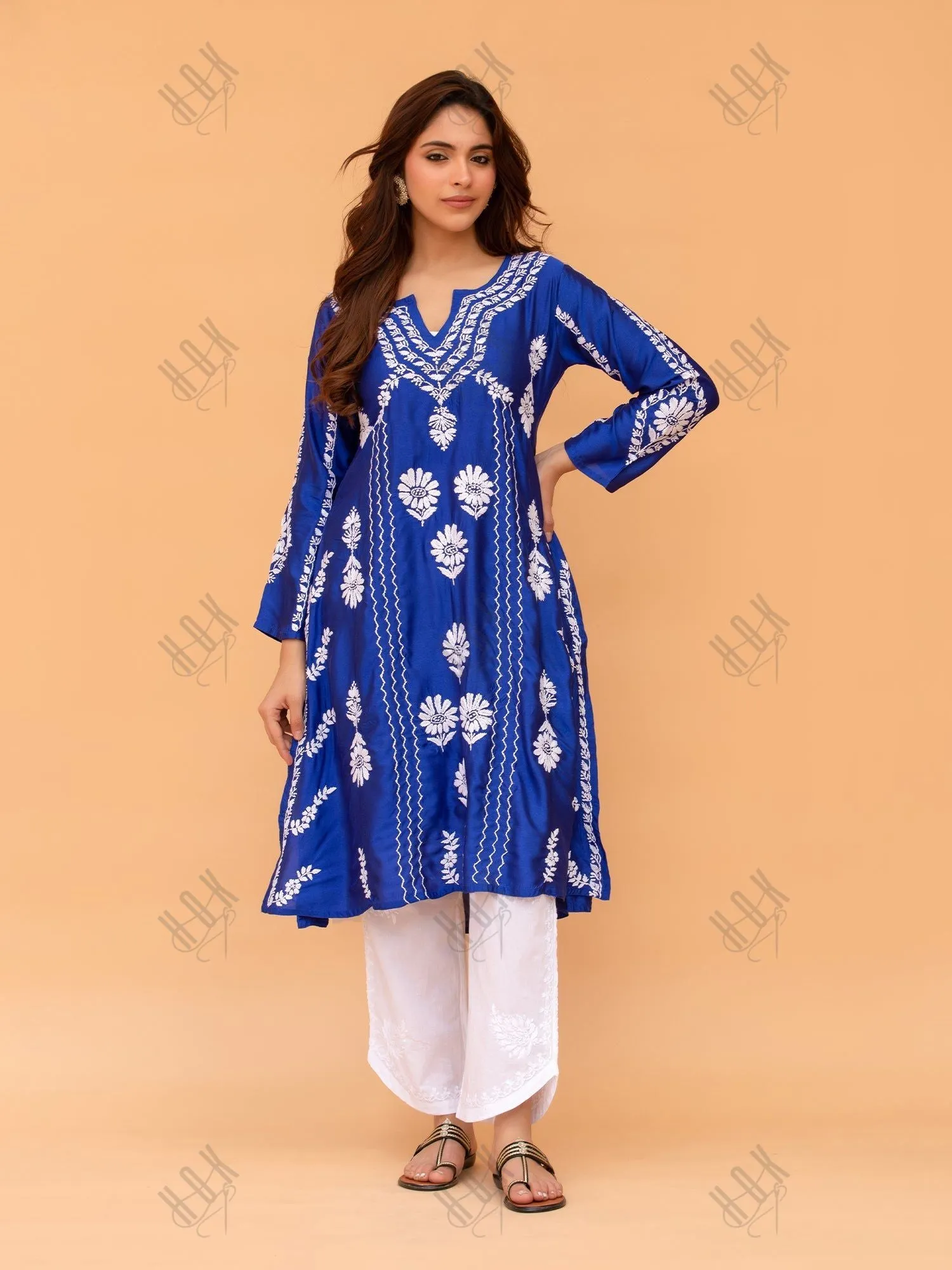 Long Blue Saba Chikankari Kurta in Luxurious Barfi Silk