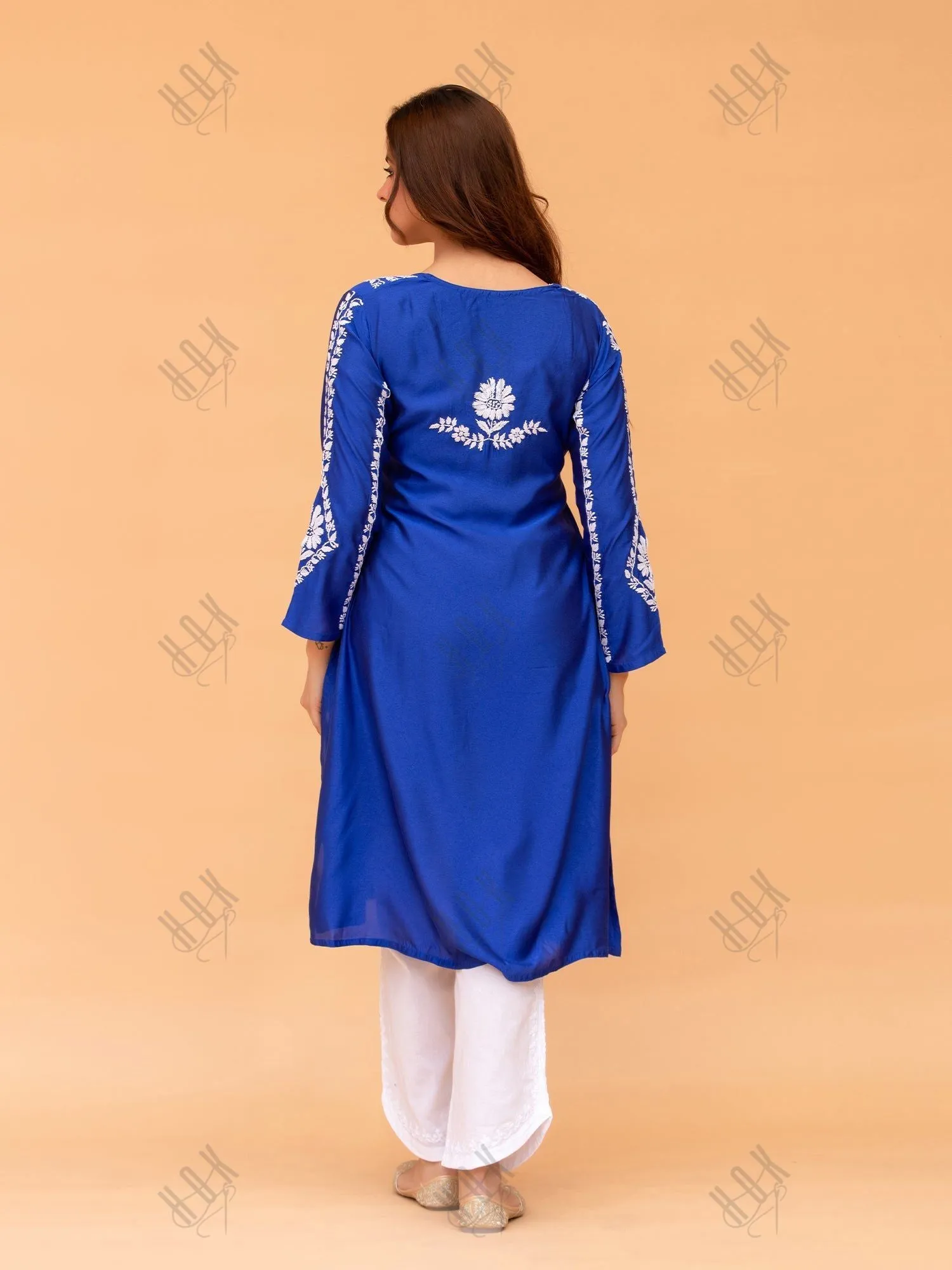 Long Blue Saba Chikankari Kurta in Luxurious Barfi Silk