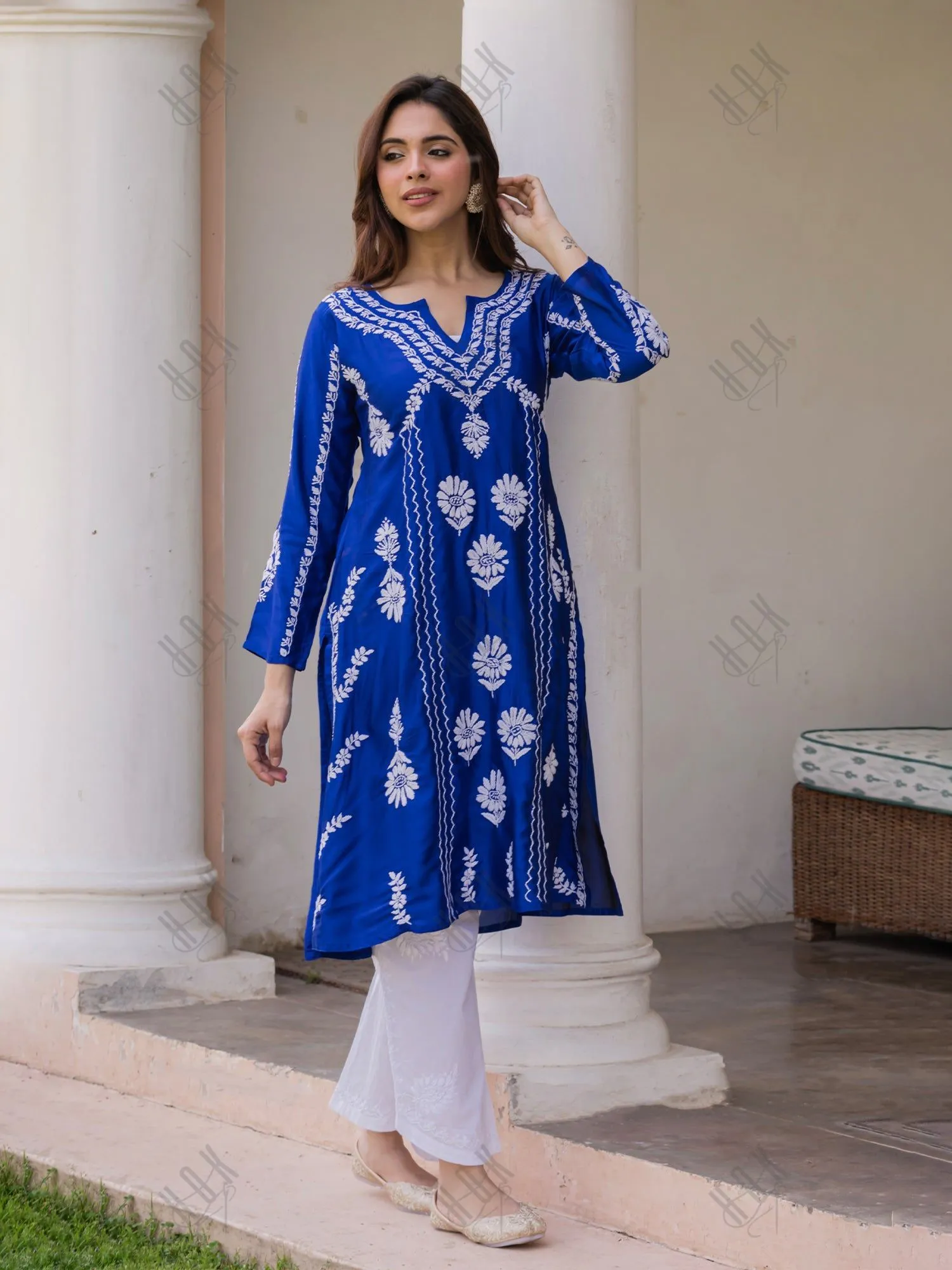 Long Blue Saba Chikankari Kurta in Luxurious Barfi Silk