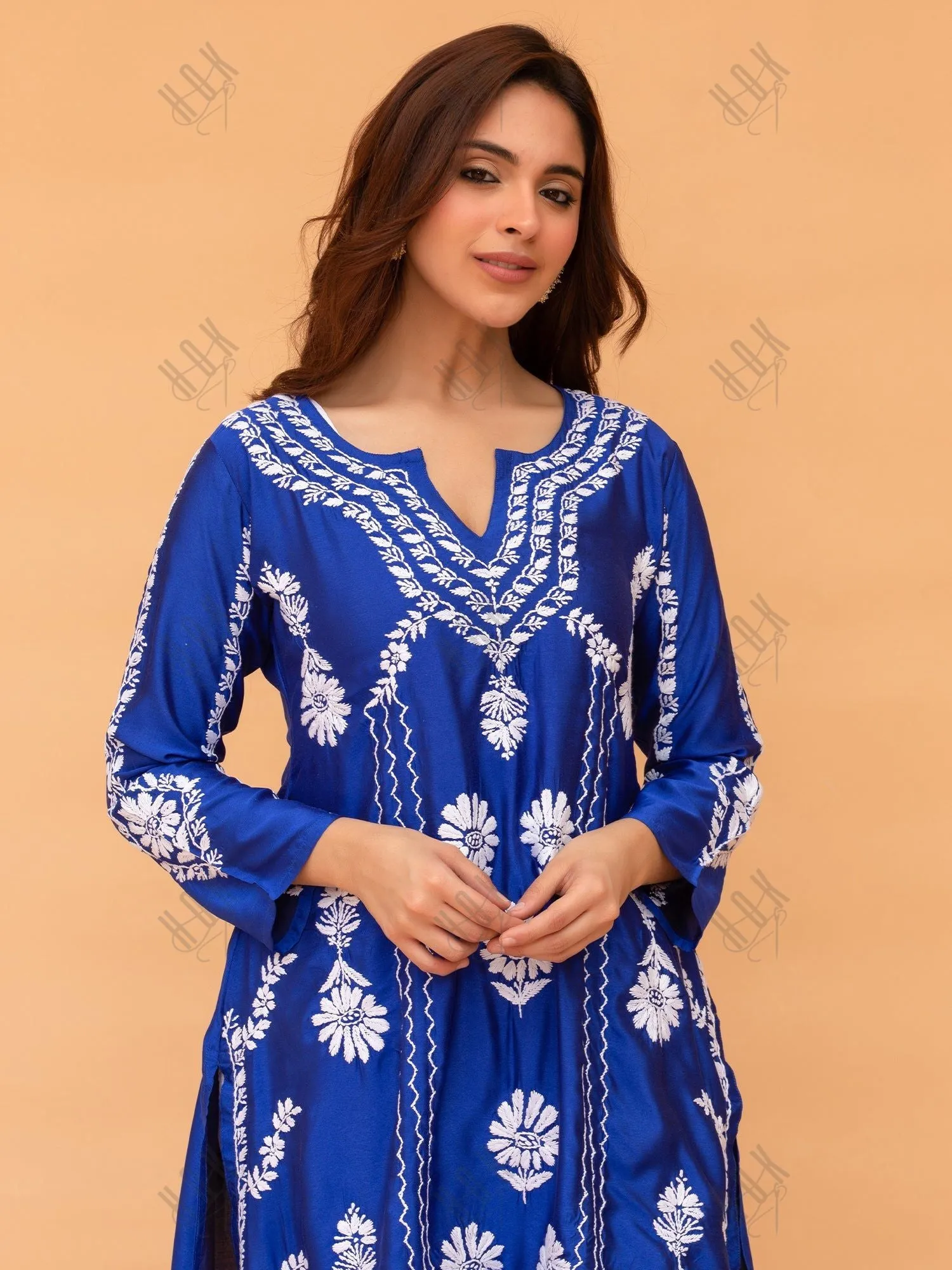 Long Blue Saba Chikankari Kurta in Luxurious Barfi Silk