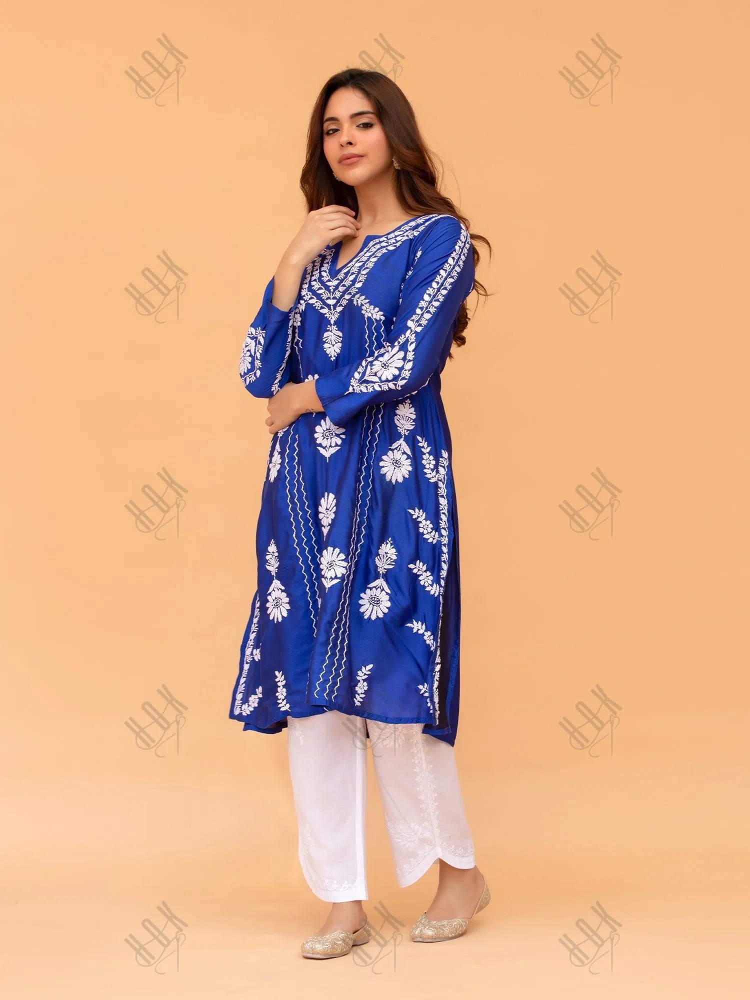 Long Blue Saba Chikankari Kurta in Luxurious Barfi Silk